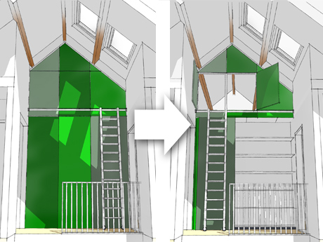 De overloop: toegang tot de badkamer, de vliering en bergruimte